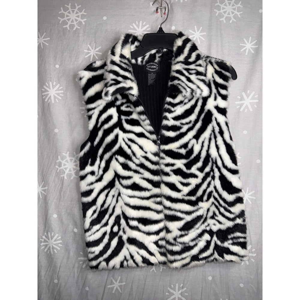 Designers Studio Originals Womens Zebra Faux Fur Ribbed Knit Zip Up Vest Black M